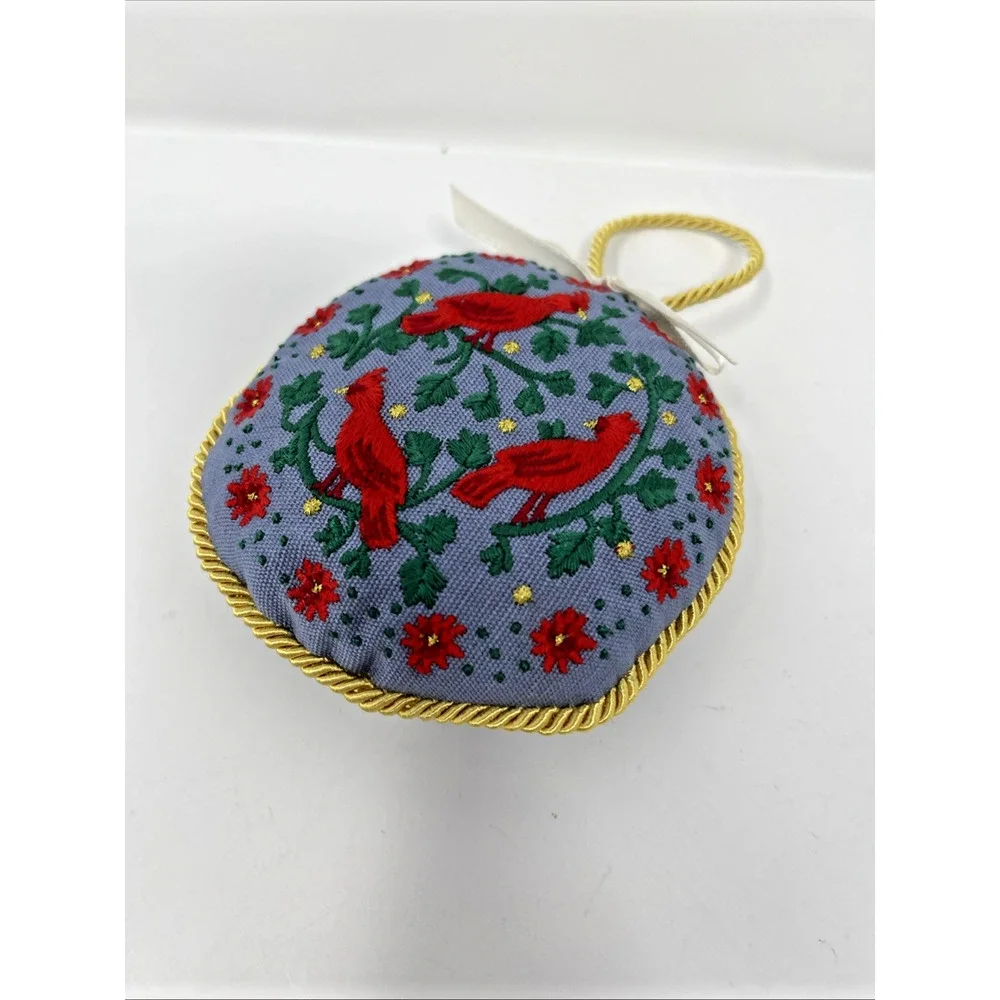 Christmastide Embroidered Cardinal Ornament Intricate Detail Gold Thread Hanger